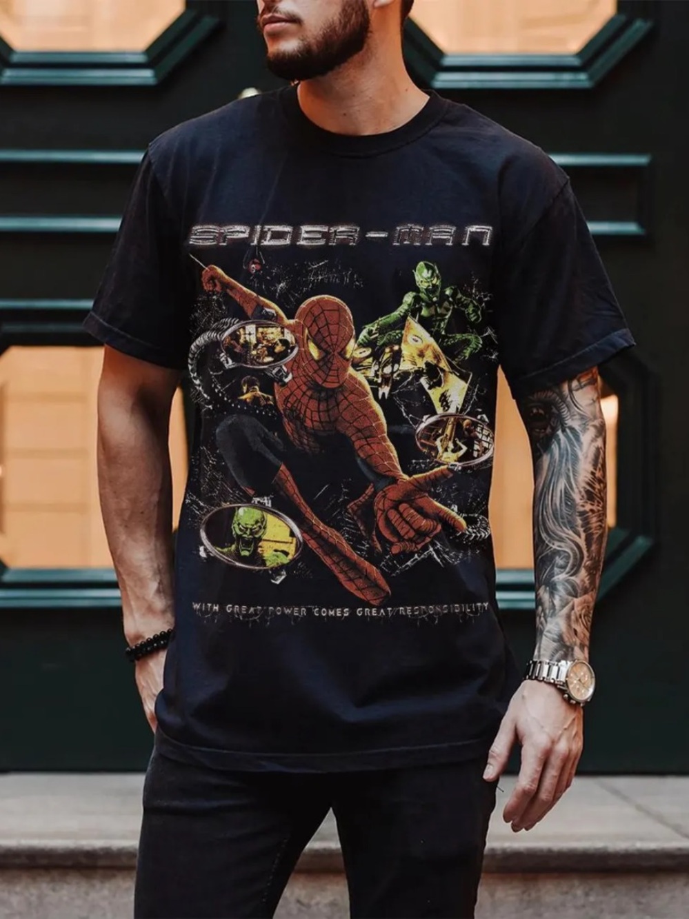 Black Spider Graphic Tee with Red and Green Accents